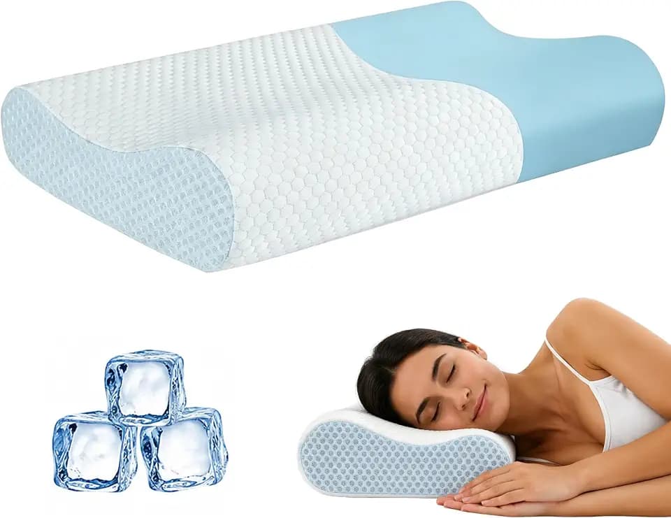 Firm Cervical Neck Pillow, Contour Cooling Gel Memory Foam Bed Pillow, Blue