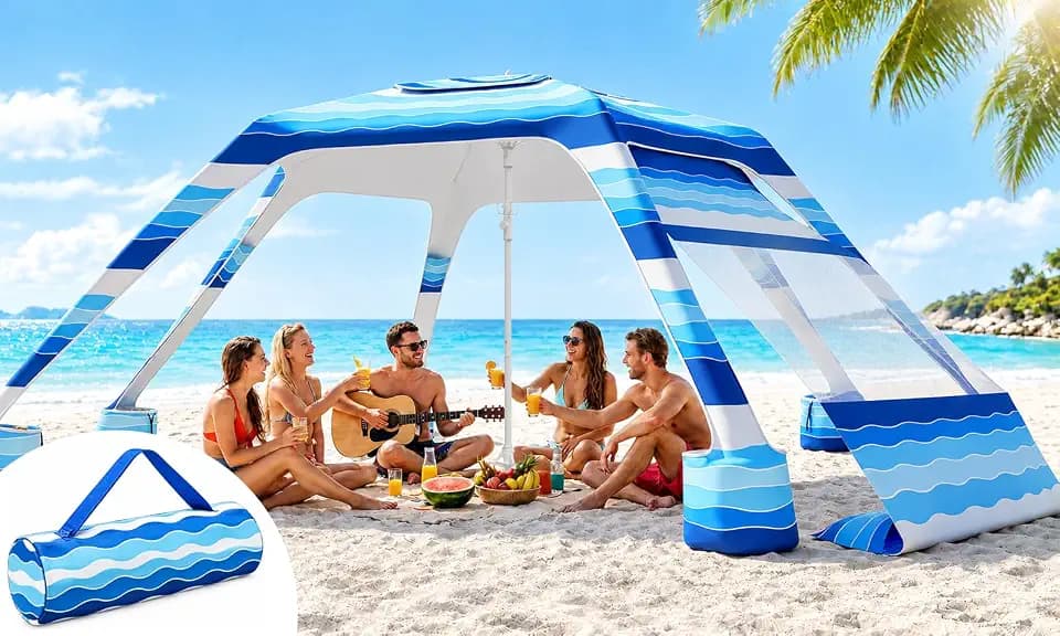 Beach Cabana 8'×8', UPF 50+ Sun Shelter with Side Wall, Adjustable Height