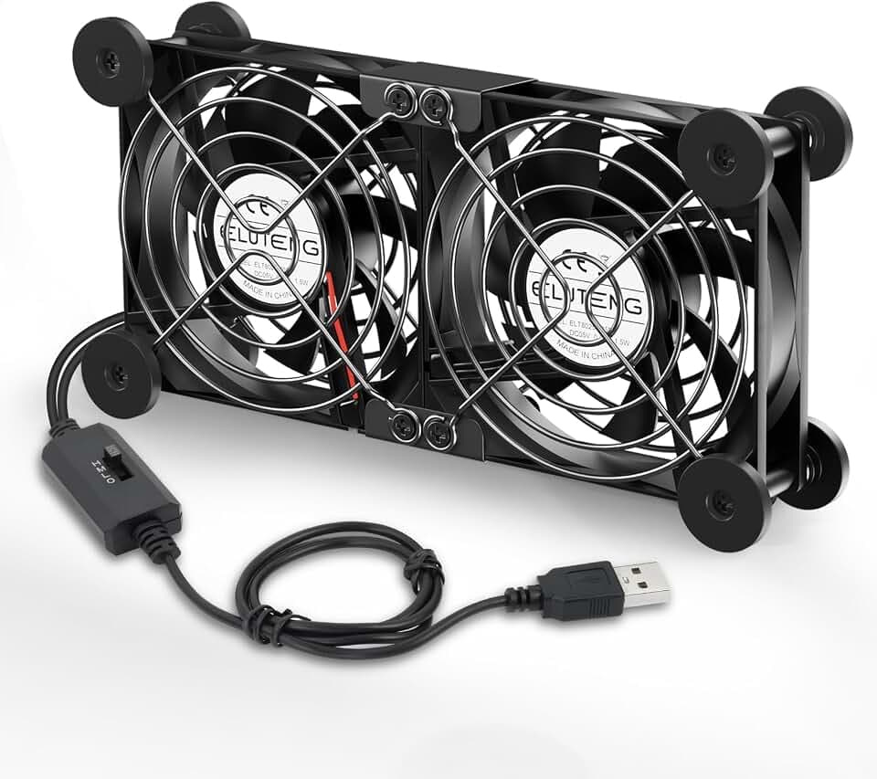 ELUTENG 2 in 1 USB Lüfter 80mm, 5V Doppelt USB Ventilator mit 8 Dämpfungsfüßen und Digitalem Temperaturregler, 8cm PC Lüfter mit 3 Geschwindigkeiten für PS5, PS4, Laptop, TV Box, Router