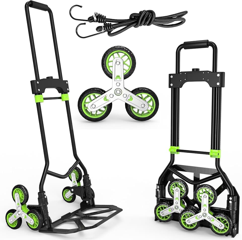 DIAMONDFORGE Stair Climbing Dolly, 220LBS Stair Climbing Cart with Telescoping Handle, Portable Folding Aluminum Cart for Stairs, 6 Wheels & Rope for Home, Groceries, Black Green