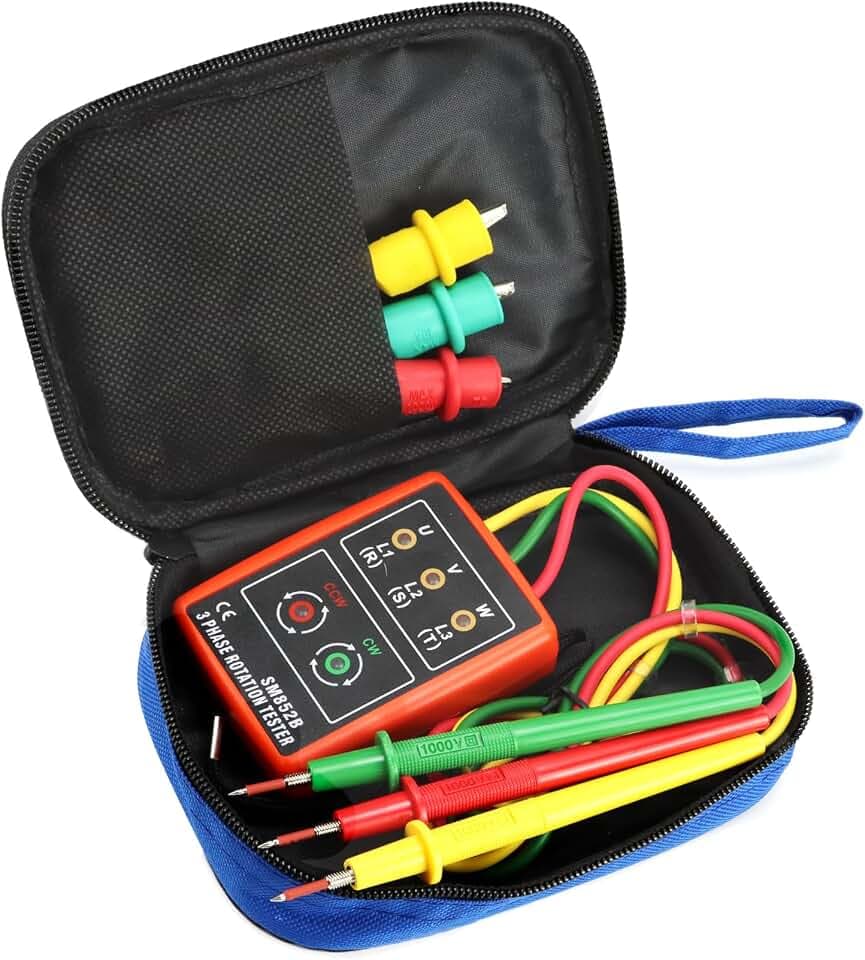QWORK® Phasenprüfer, Drehfeldmessgerät für 3 Phasen, 60V~600V AC, 20-400 Hz, mit Summertester und Krokodilklemmen
