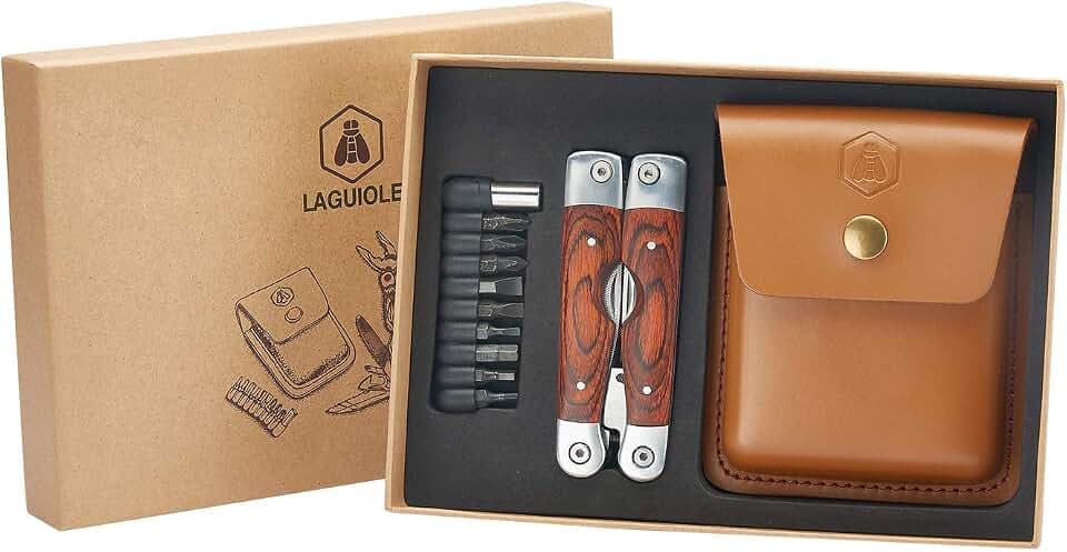 LAGUIOLE - Laguiole 4268486 Edelstahl-Multifunktionszange (8 Funktionen) mit Pakka-Holz-Griff und braunem Lederetui - - Braun