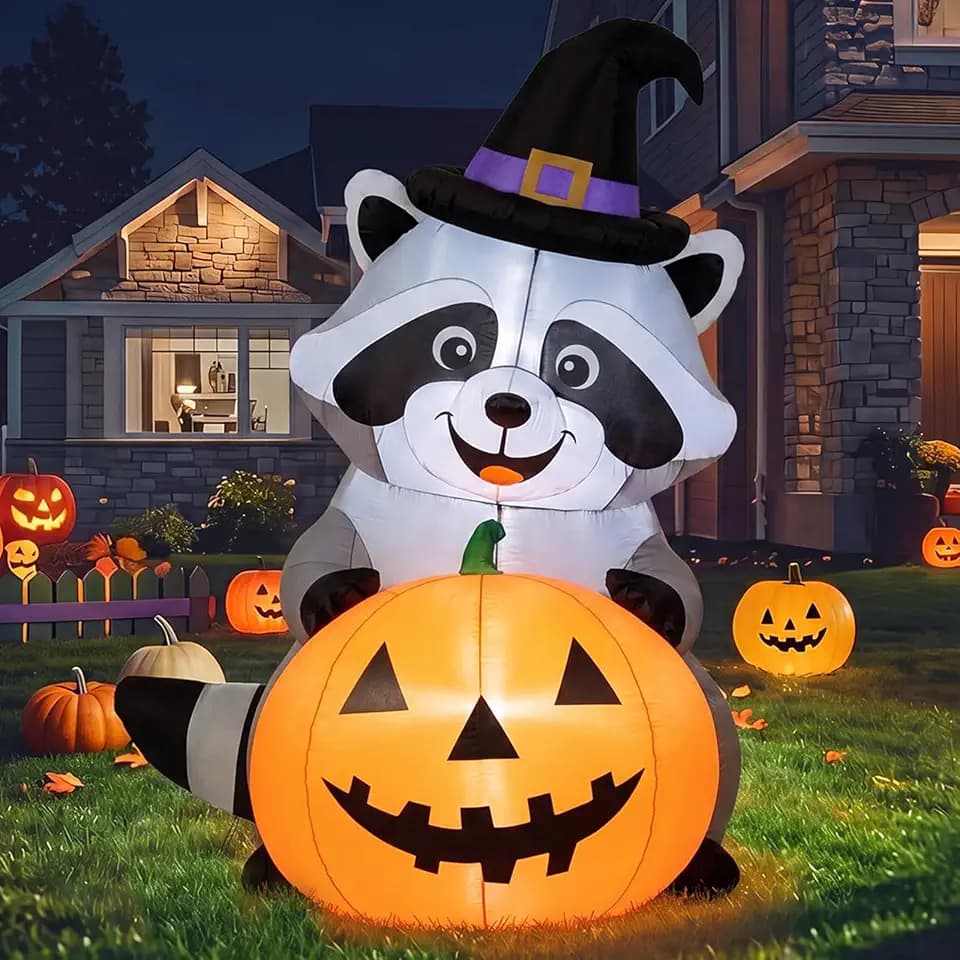 Gerrii 5 ft Halloween Inflatable Witch Raccoon Outdoor Decoration Blow up