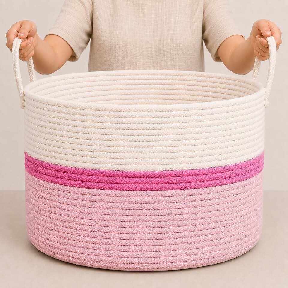 OrganiHaus Round Toy Basket & Blanket Basket, Cotton Rope 20x13"
