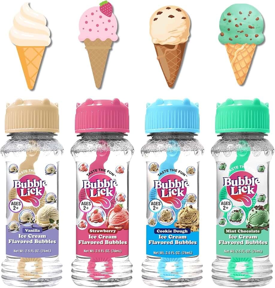 Bubble Lick Ice Cream Flavored Bubbles 4 Pack Vanilla Cookie Dough Strawberry Choc Mint USA Made