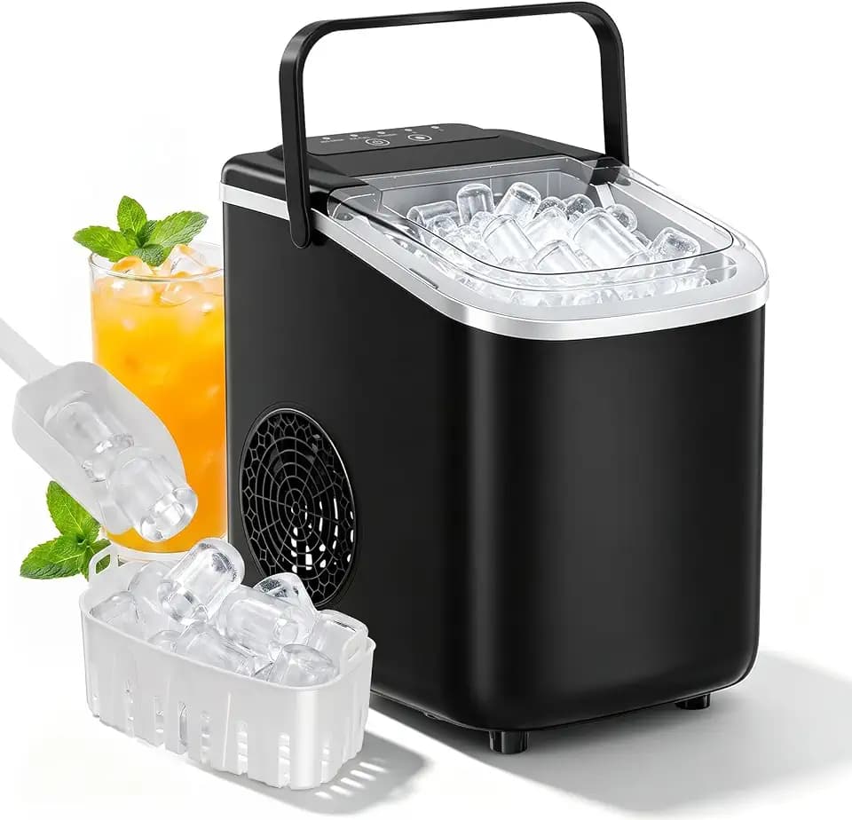 Countertop Ice Maker, Portable Ice Machine with Carry Handle Basket and Scoop, 9 Bullet Cubes Ready in 6 Mins, 26lbs Daily, Self-Cleaning for Home, Kitchen, Camping, RV