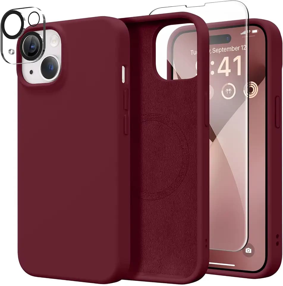GONEZ Magnetic for iPhone 13 Case Silicone, Compatible with Magsafe, [2X Screen Protector + 2X Camera Lens Protector], Soft Slim Shockproof Protective Microfiber Lining Phone Case 6.1", Maroon