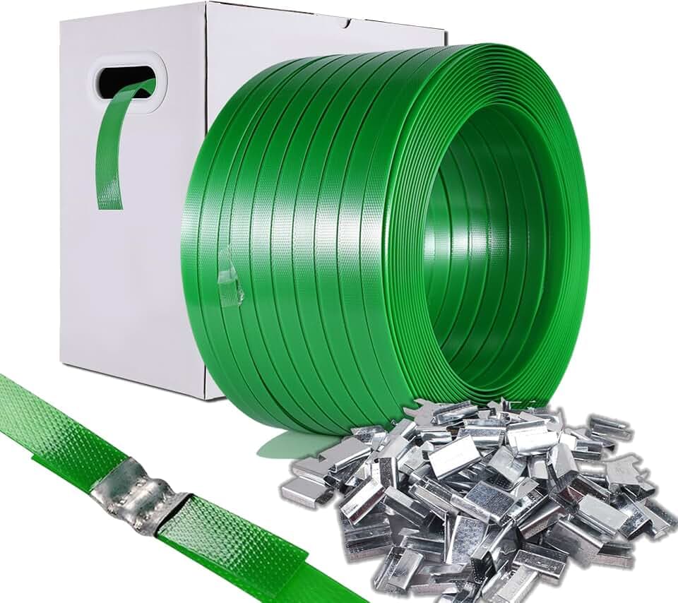 Packaging Strapping, Pallet Straps, Banding Strap (5/8" x 1500 ft x 0.035" PET Polyester Coil Roll and 100 Buckles) - Certified 1200 lbs Break Plastic Strap