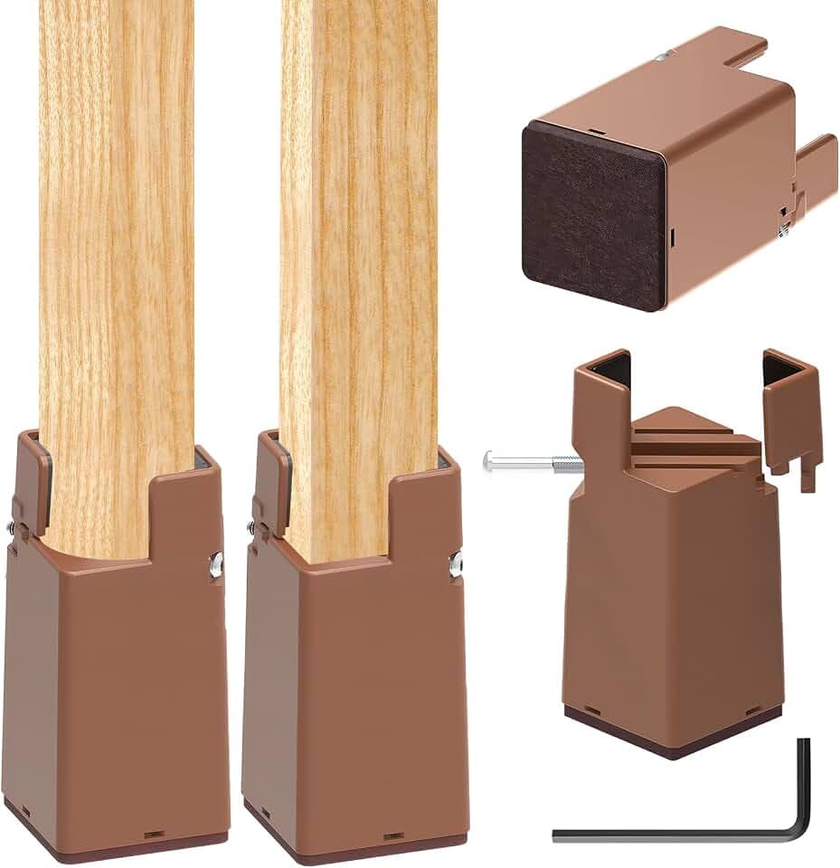 4 Stück Möbelerhöhung 10cm, Verstellbare Betterhöhung mit Schraubklemme, Betterhöher Schwerlast Stuhlerhöhungen, Möbelerhöher für 22-42mm Breite Quadrat & Runde Stuhlbein (10cm Braun)