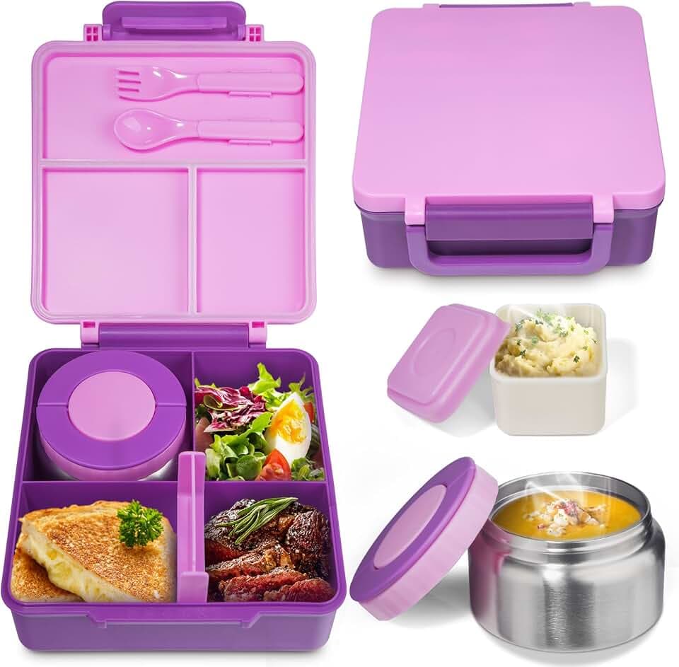 SOHIDA Bento Box with 10oz Soup Thermo: Kids Leakproof Lunch Box with 3 Compartments - Dishwasher Safe and BPA-Free - Vacuum Insulated Food Jar Suitable for Kids Back to School, Travel - Purple