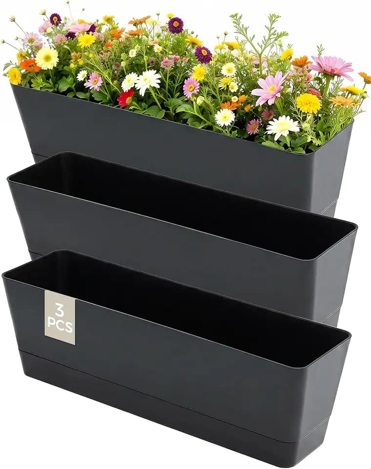 Bamworld 3er-Set Rechteckiger Blumenkasten 42x12 cm mit Drainage, für Sukkulenten auf Fensterbank, Balkon & als Tischdekoration, Schwarz