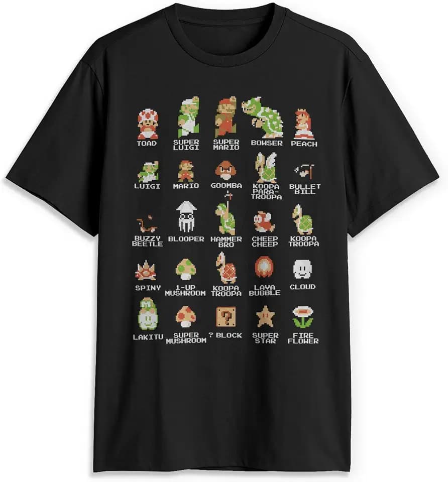 Nintendo Men's Pixel Cast Super Mario Bros Characters Graphic Tee Black