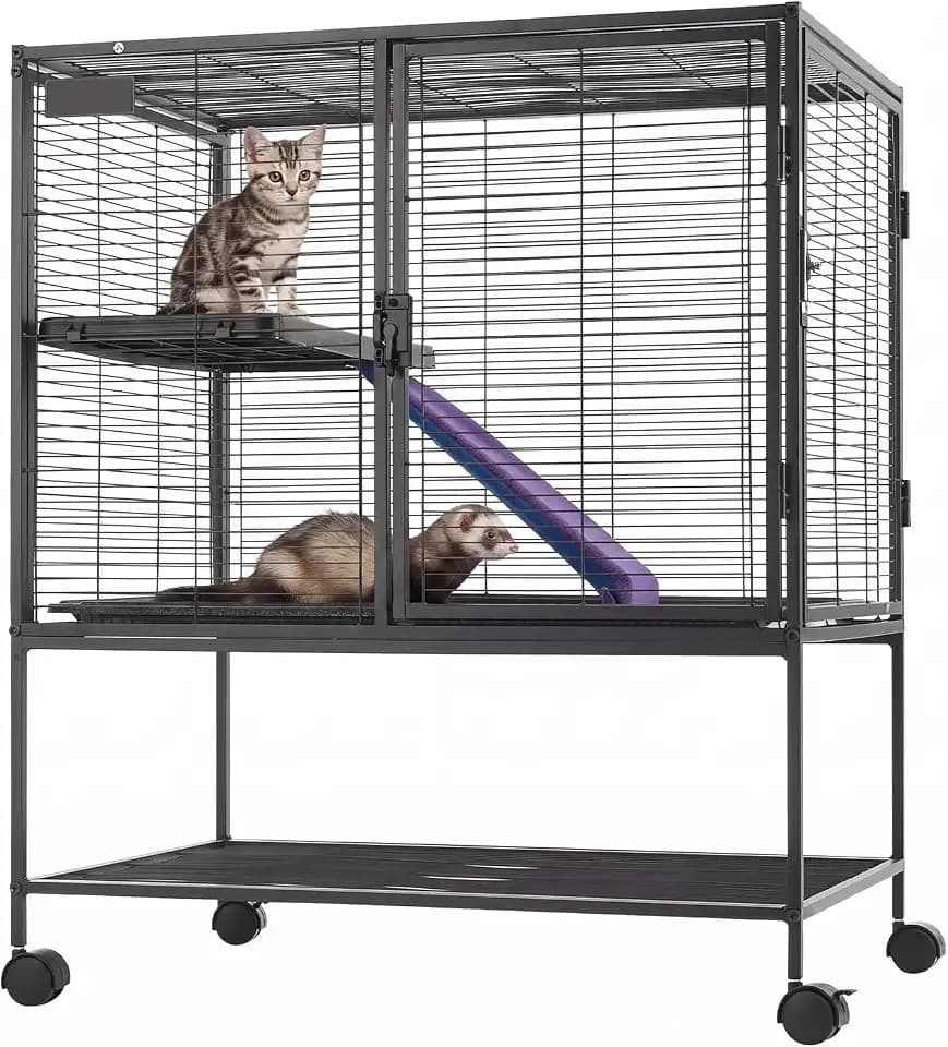 VEVOR Metal Small Animal Cage 36.22"H 2-Tier Rolling Ferret Cage On Wheels, 0.55" Wire Spacing Large Cages with Ramp, Tray, Bottom Shelf, Doors for Ferret, Chinchilla, Sugar Glider, Guinea Pig, Rabbit