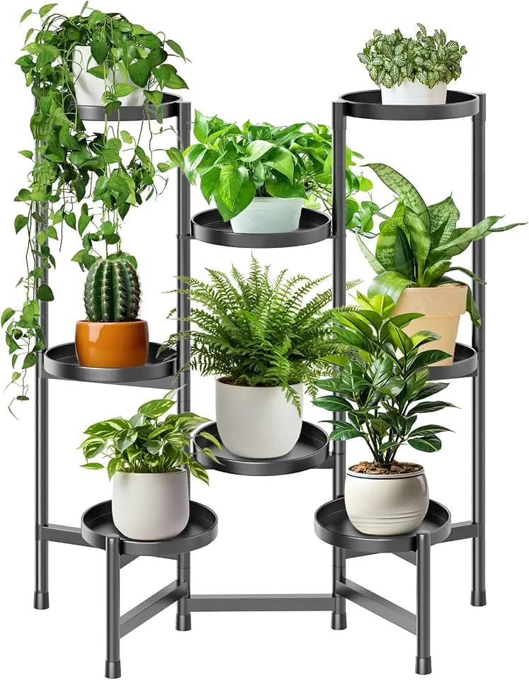 5 Tier Plant Stand Indoor Tall, Adjustable Black Plant Shelf for Multiple 8 Potted Flower Plants Holders, Corner Metal Flower Display Rack for Patio Garden Balcony Living Room Office (A)