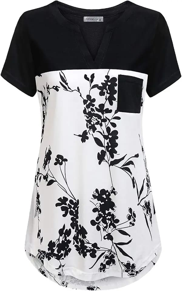 MOQIVGI Womens Short Sleeve Vneck Hi Low Hem Patchwork Tops with Pocket