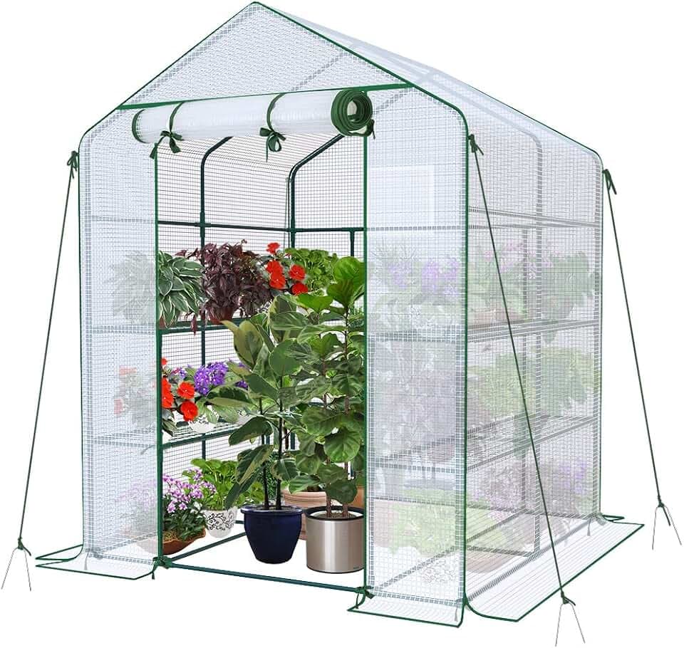 VOUNOT® Gewächshaus Foliengewächshaus, begehbares Gartenhäuschen mit 8 Regalebenen, Tomatenhaus Tomatengewächshaus, Weiß 143x143x195cm