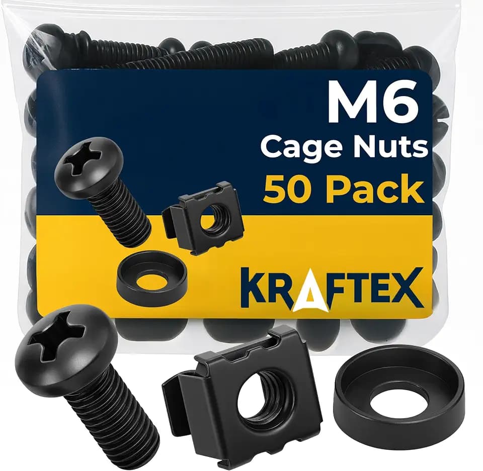 M6 Cage Nuts, Screws and Washers [Size: M6 x 16mm 50 Pack] Rack Mount Screws Hardware for use with Network and Server Rack Accessories, Routers, Cabinets and Enclosures.