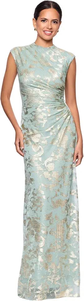 Betsy & Adam Women's Metallic Floral Print Mock Neck Sleeveless Knit Sheath Gown with Ruched Waist