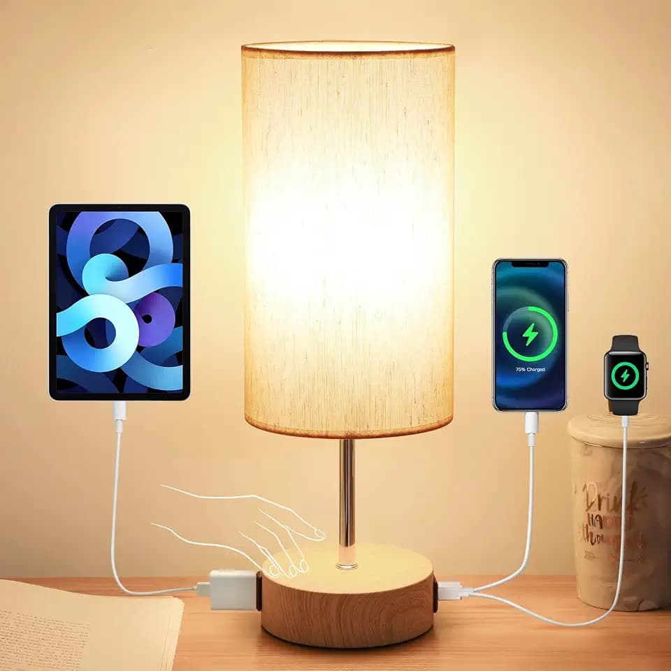 Yarra-Decor Bedside Lamp with USB A+C Charging Ports & AC Outlet Touch Control Table Lamp for Bedroom 3 Way Dimmable Nightstand Lamp with Fabric Shade for Home Office, Dorm(Bulb Included)