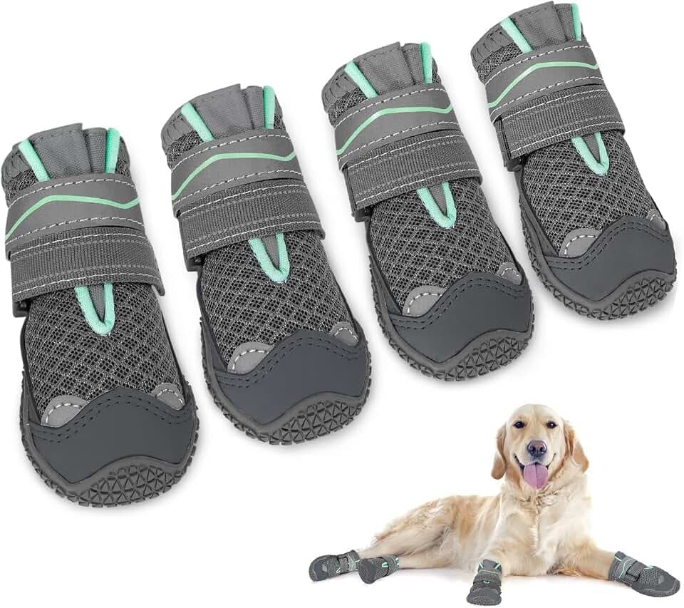 SlowTon Hundeschuhe Pfotenschutz, 4 Stück atmungsaktive Hunde Schuhe Outdoor mit Rutschfester Sohle, verstellbarem reflektierendem Klettverschluss Hundestiefel für kleine, mittlere und große Hunde