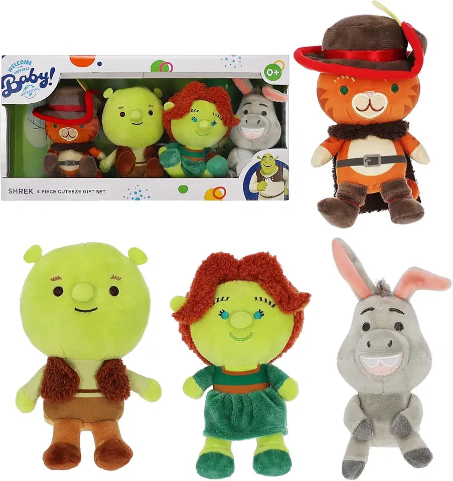 Kids Preferred Shrek Cuteeze 4 Piece Set - 6 Inch Shrek, Fiona, Donkey, and Puss in Boots Plush - Beans in Body for Comfort, for Baby Boys & Girls