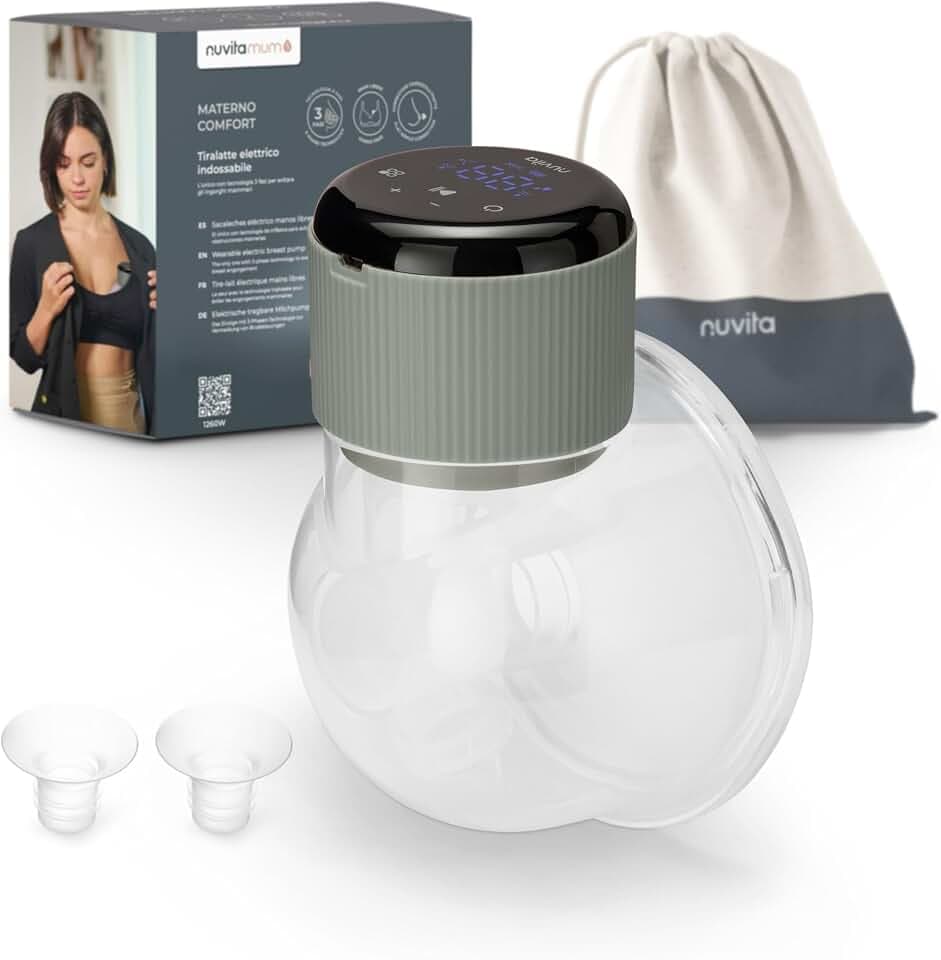 Nuvita 1260W Tragbare elektrische Milchpumpe, 3 Stufen – tragbar mit wiederaufladbarem USB-C-Akku, Anti-Stasis-Funktion, ideal für flache/eingezogene Brustwarzen, 24-mm-Silikon-Brustglocke