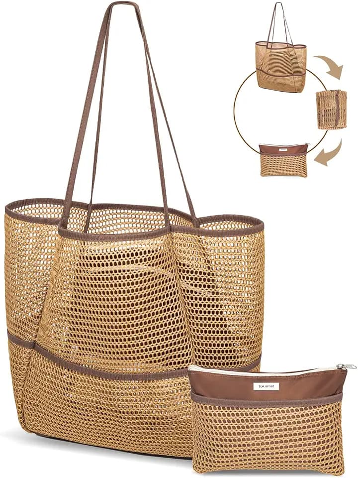 Mesh Beach Tote Bag for Women, 2-in-1 Large Lightweight Foldable Design