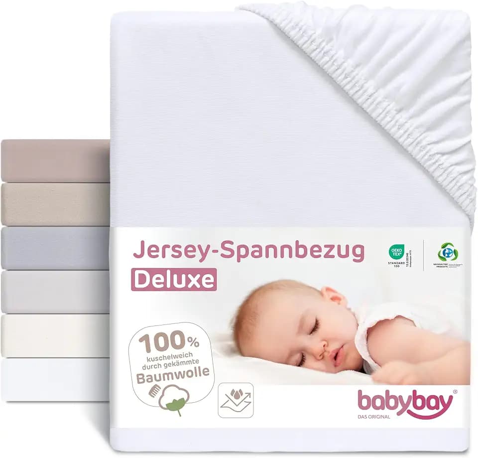 babybay Jersey Spannbetttuch Deluxe mit Membran passend für die Modelle Maxi, Midi, Boxspring, Comfort und Comfort Plus, weiß, 89 x 50 cm (Einzelpack)