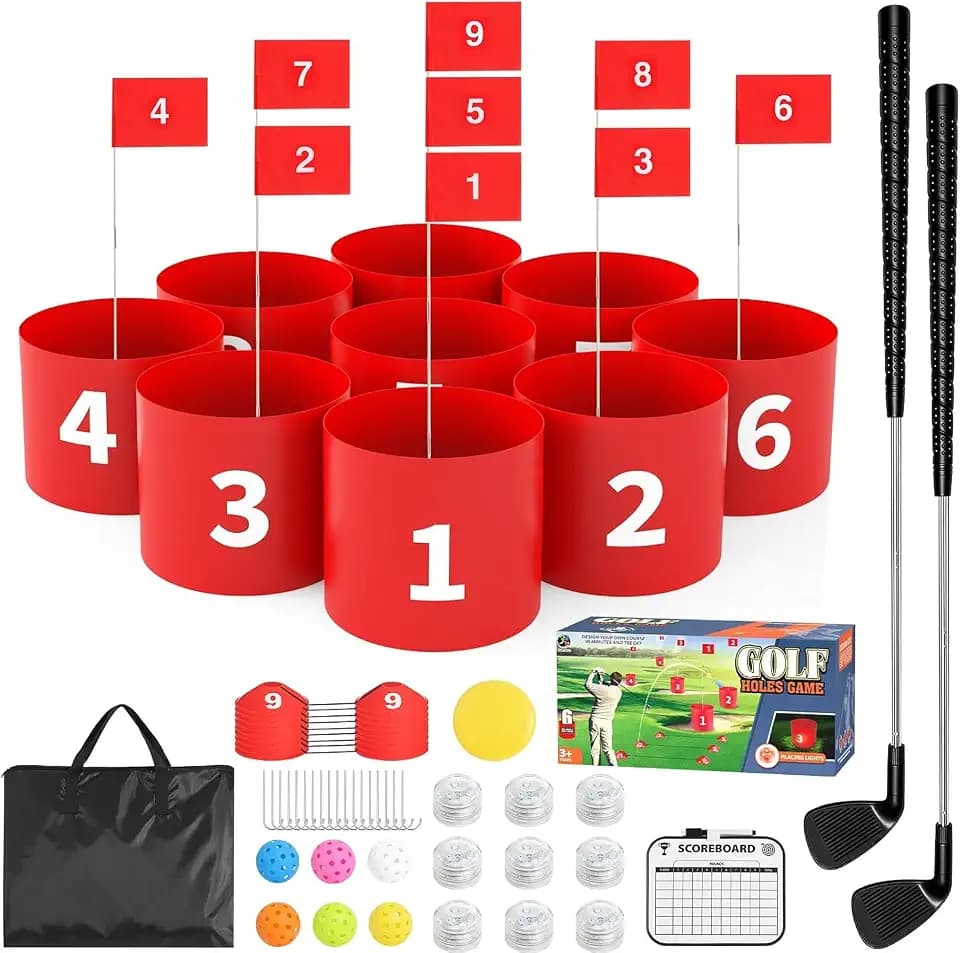 FOOING Golf Game LED with 2 Clubs – 9 Hole Practice Backyard Set for Adults & Family, Indoor/Outdoor Plastic Battle Yard Game with Balls, Flags – Perfect for Lawn, Beach, Camping, Park