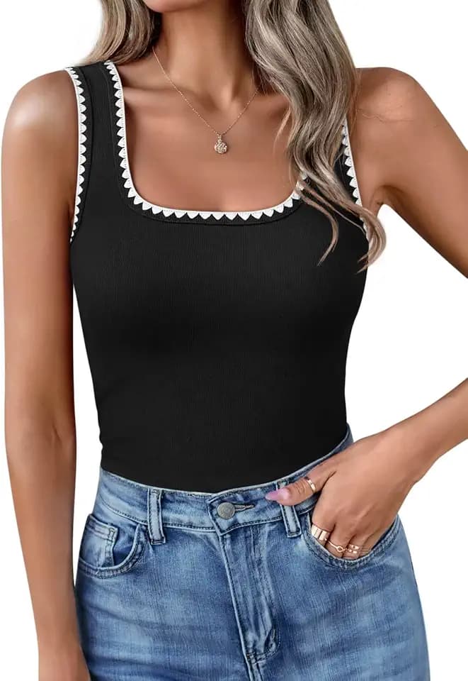 Yousify Women’s Square Neck Tank Tops 2026 Summer Sleeveless Shirts Casual Slim Fitted Color Block Ribbed Tanks