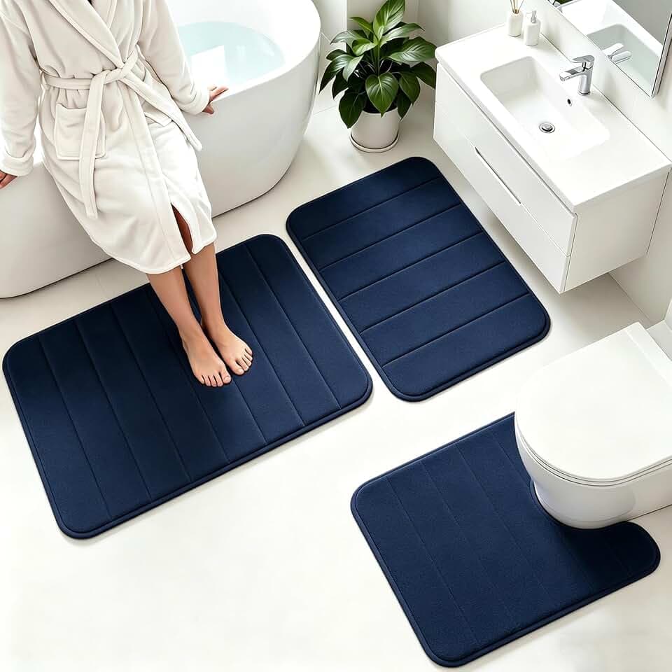 Memory Foam Bath Mat Set 3 Piece,Super Soft Absorbent Bathroom Rug Non Slip, Quick Dry,Machine Wash, Perfect Plush Bathroom Rugs,Home Decor Accessories,Navy Blue