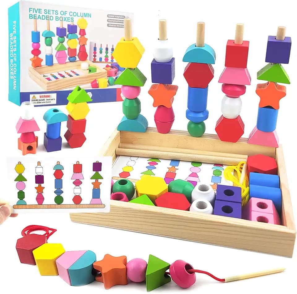 Montessori Spielzeug ab 2 3 4 Jahren, Fädelspiel & Steckspiel Holz, Motorikspielzeug für Kinder, Sortierspiel, Lernspiele für Baby, Mit Aufbewahrungsbox, Pädagogisches Geschenk