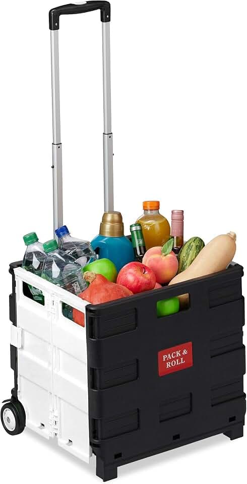 Relaxdays Einkaufstrolley klappbar, mit Teleskopgriff, Rollen, Transporttrolley bis 35 kg, 50 Liter Kiste, schwarz/grau