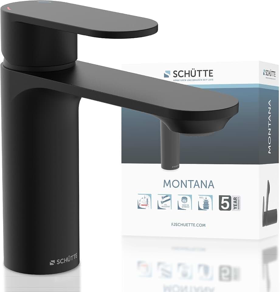 SCHÜTTE Waschtischarmatur MONTANA 32316, Wasserhahn Bad mit Ablaufgarnitur, Armatur Badezimmer, Einhebelmischer Badezimmer mit Pop Up Abflussstopfen, Mischbatterie Waschbecken, Schwarz