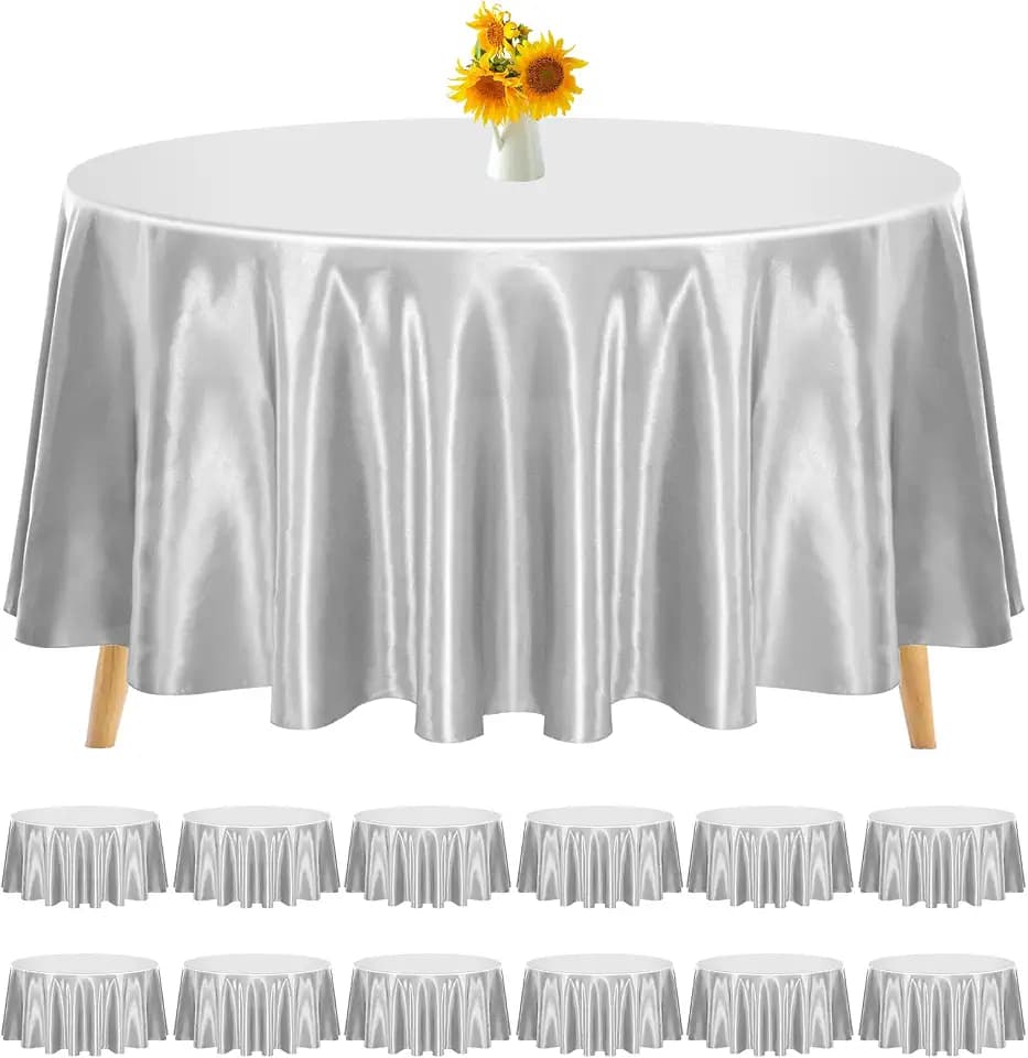 12 Pack 90 Inch Round Satin Tablecloth, Silver