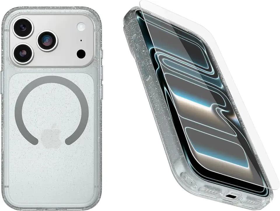 OtterBox iPhone 18 Pro & iPhone 17 Pro (Only) Bundle: Symmetry Clear Series+ Case & Screen Protector - Stardust (Clear/Glitter) - Snaps to MagSafe - Ultra-Sleek - Raised Edges Protect Camera & Screen