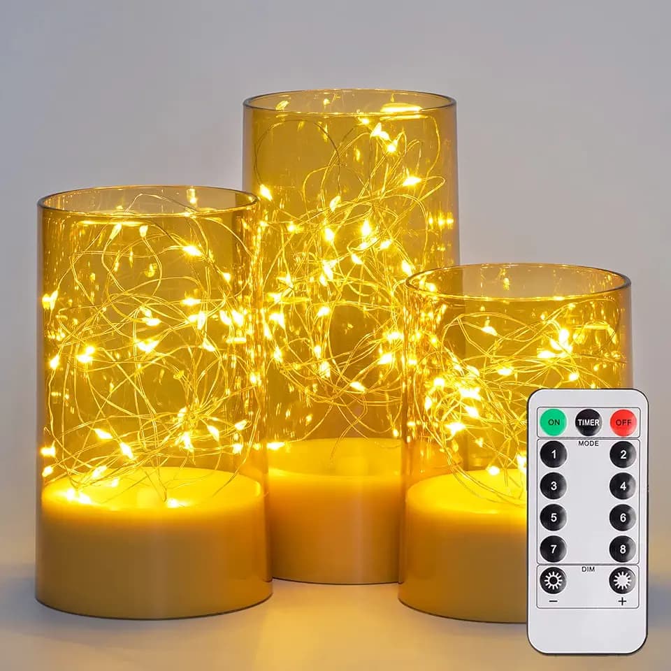 Homemory Flickering Flameless Candles with Remote, Embedded String Lights in Acylinder LED Candles, Battery Operated Fake Candles with Timer, Candle Decor for Home Wedding, Set of 3,Gold