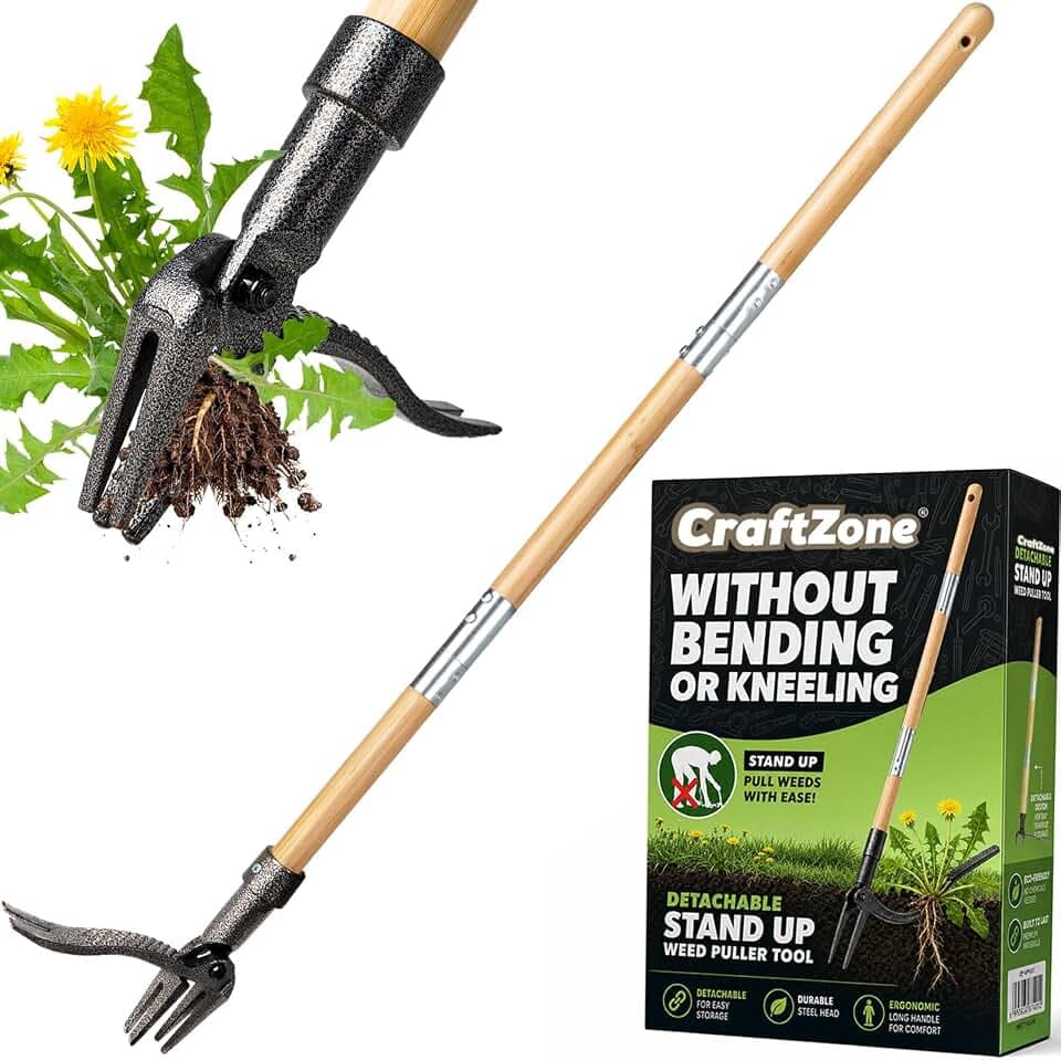 Weed Puller Stand Up Weed Puller Tool with Wooden Long Handle Foot Platform Design 4-Claw Steel Head & Removable 3-Section Pole Garden Tools-Easily Remove Weeds Without Bending or Kneeling