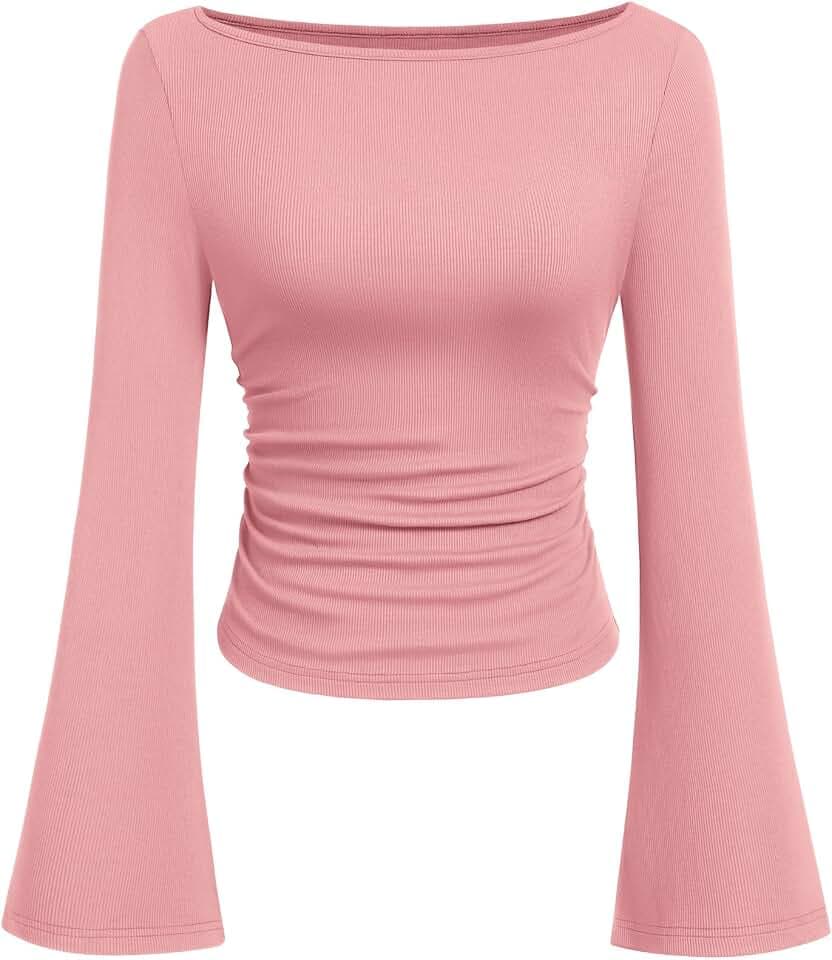 PRETTYGARDEN Womens Bell Long Sleeve Ribbed Knit Tops