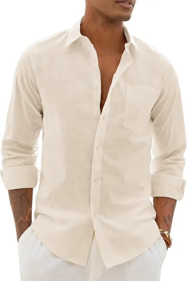 Alimens & Gentle Mens Linen Textured Shirt Long Sleeve Summer Beach Tops