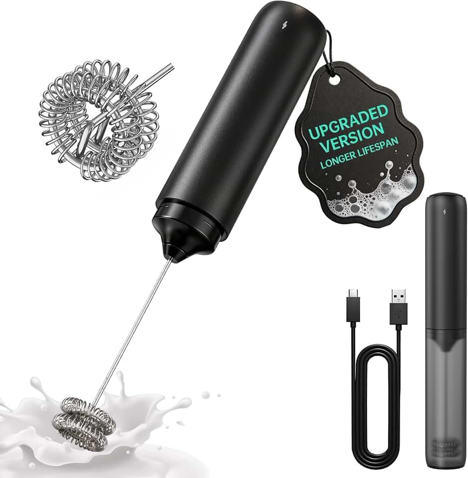 CIRCLE JOY Upgraded Rechargeable Milk Frother Handheld, Electric Drink Mixer with Silicone Charging Port Cover and Longer Dual Coil Whisk Head, Dishwasher Safe, for Lattes & More