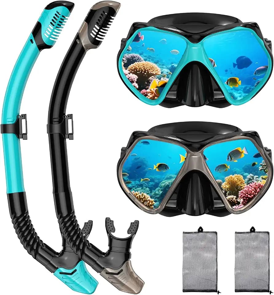 Schnorchelausrüstung für Erwachsene, Trockenschnorchel, Masken-Set Erwachsene, Tauchmaske, Tauchausrüstung, Schwimmbrille mit Nasenabdeckung, Schwimmen Freitauchen gehärtetes Glas Panoramablick