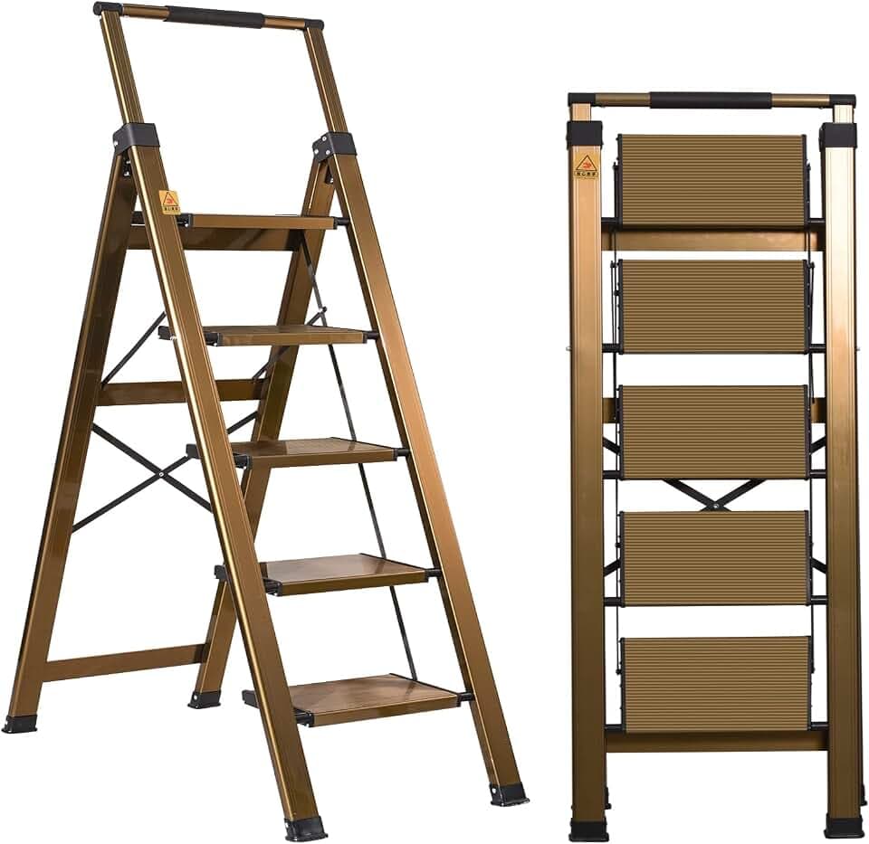 XinSunho 5 Step Ladder, Aluminum Step Stool with Retractable Handrail