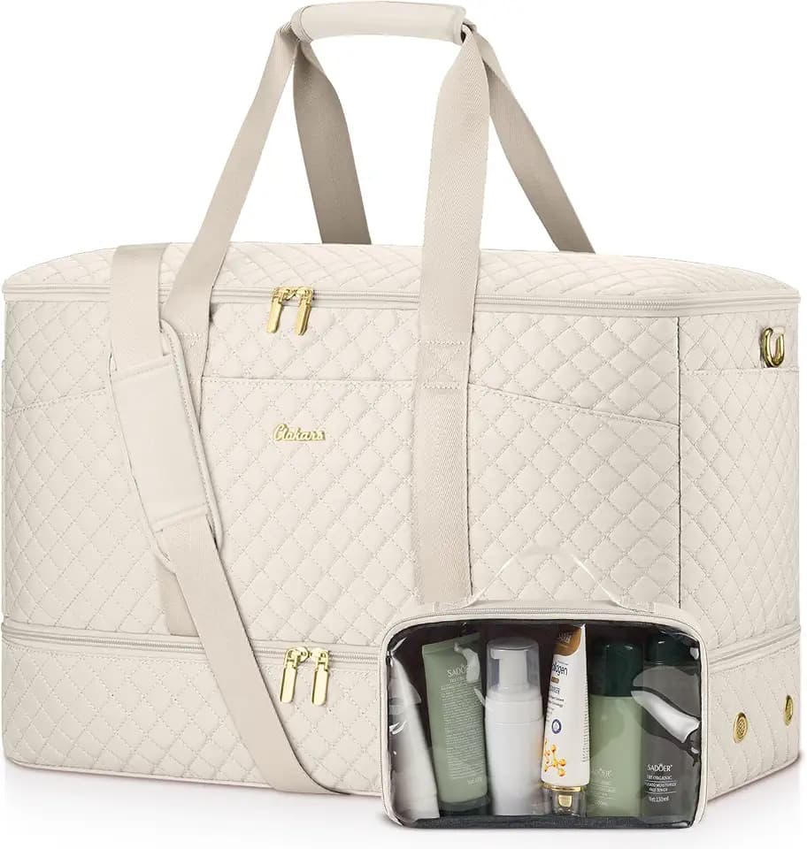 Duffle Bag for Travel, 40L Weekender Bag with Shoe Compartment, Carry On Overnight Bag for Women with Toiletry Bag Duffel Bags with Wet Pocket for Gym Hospital Bags for Labor and Delivery Beige