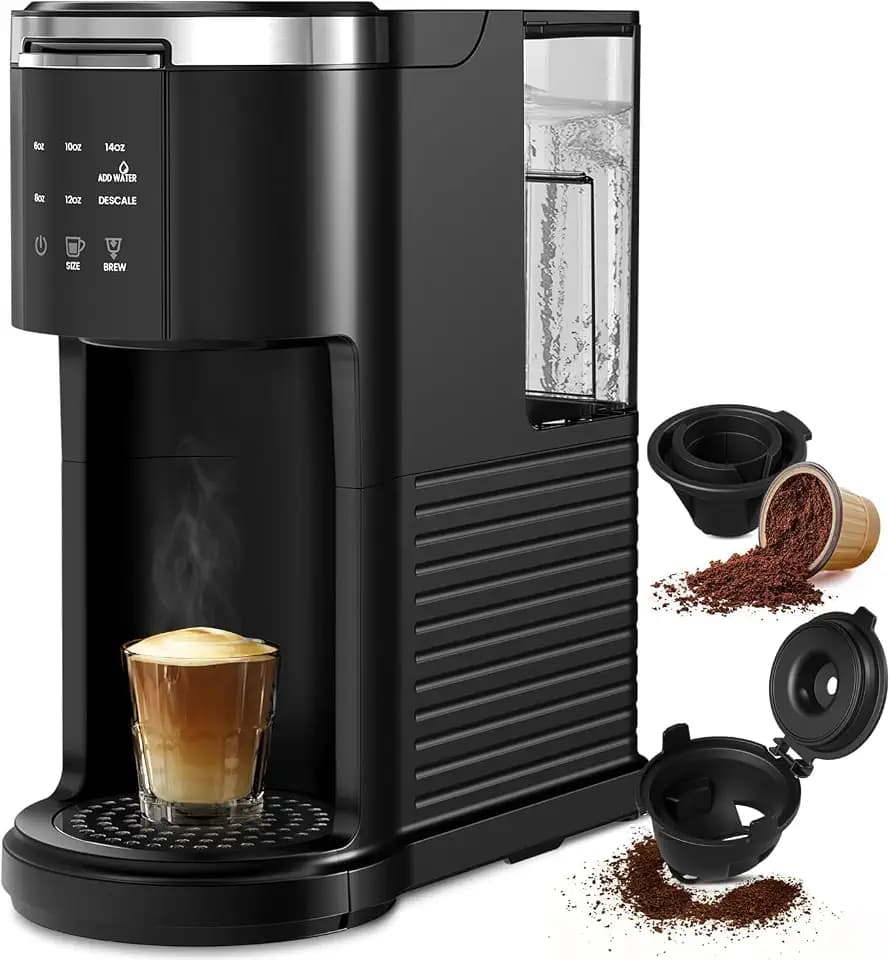 Electactic Single Serve Coffee Maker, 2 in 1 Coffee Machine for K-Cup & Ground Coffee, 6 to 14oz Brew Sizes, Pod Coffee Makers with 40oz Removable Water Reservoir, LCD Screen, Self-cleaning, Black