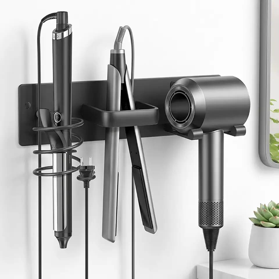Hair Tool Organizer Wall Mount, Bathroom Storage Rack with Dryer Holder, Flat Iron Stand, Curling Iron Caddy, 3-in-1 Heat-Resistant Hair Rack, No-Drill Adhesive or Screw Mount, Matte Black