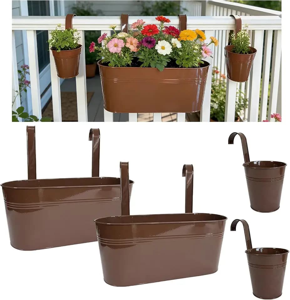 4 Pack Mixed Size Metal Fence Planters Set with Detachable Hooks, Chocolate