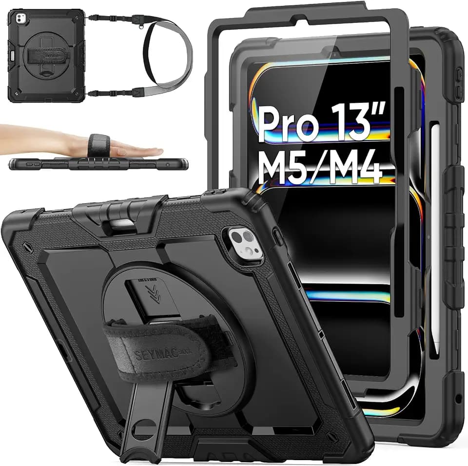SEYMAC stock Case for iPad Pro 13-inch M5-M4 2025-2024, Shockproof Heavy Duty Case with Screen Protector, Pencil Holder, Rotating Stand, Hand Strap, Shoulder Strap, Black