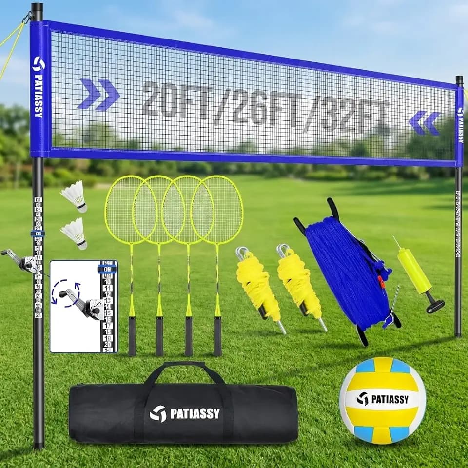 Portable Volleyball Net Set for Backyard, Adjustable Width (32/26/20FT) & Height, Anti-Sag Tension Design for Outdoor Stability, PU Volleyball with Pump, Carry Bag