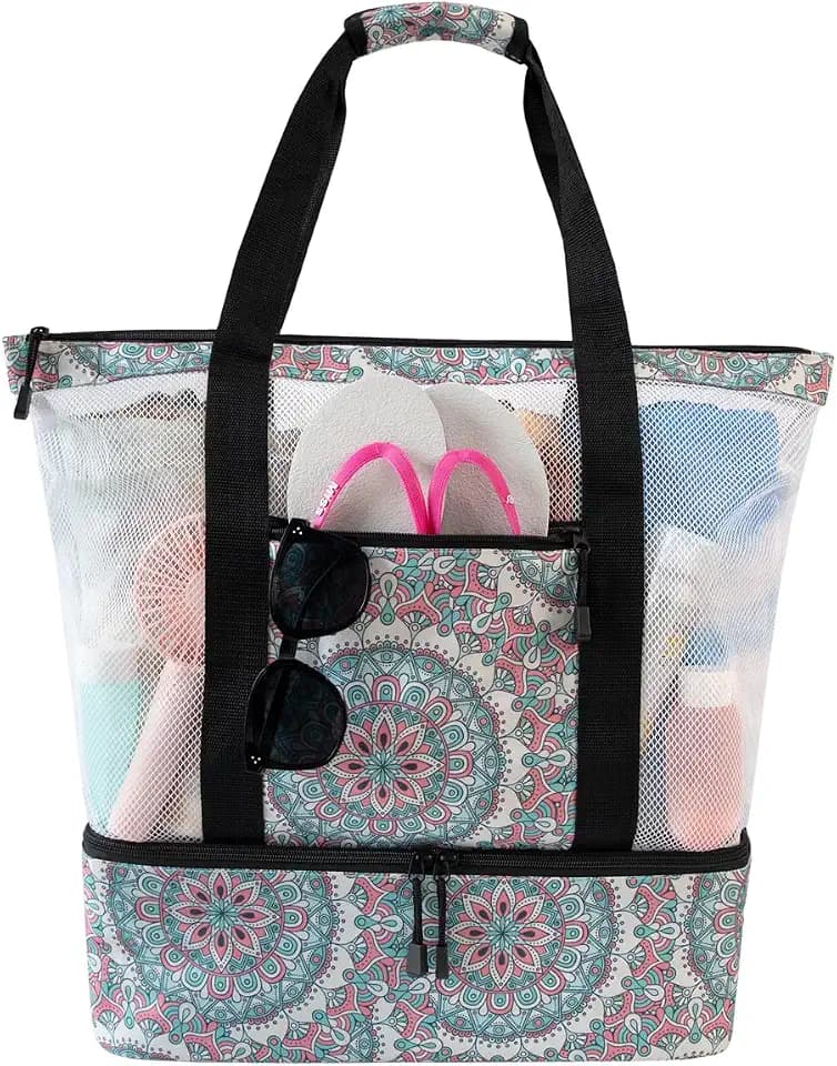 ASL Mesh Beach Bag with Cooler Compartment for Women Pool Tote with Zipper